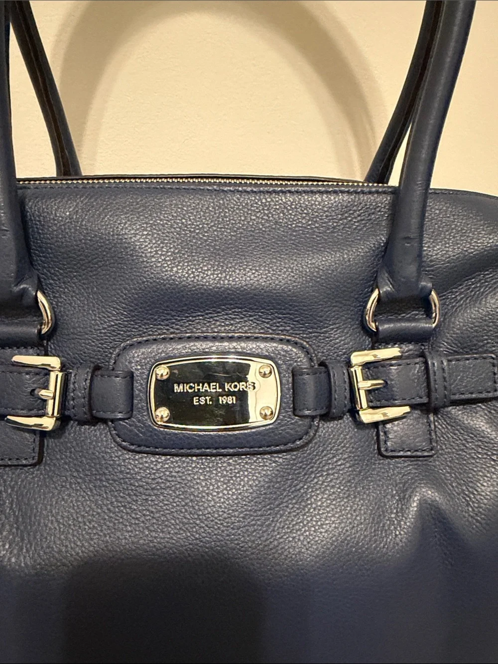 Michael Kors Navy Leather Satchel with Silver Hardware